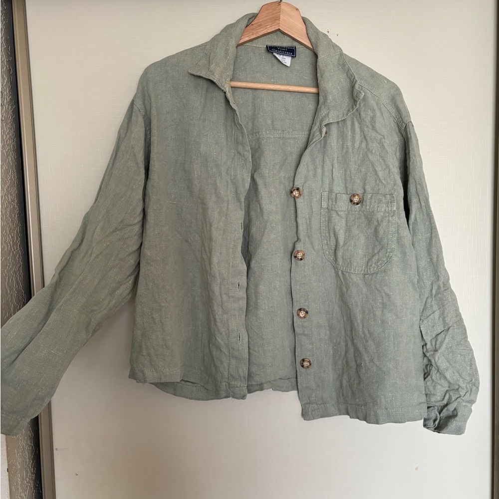 Vintage Green Button-Up Linen Shirt